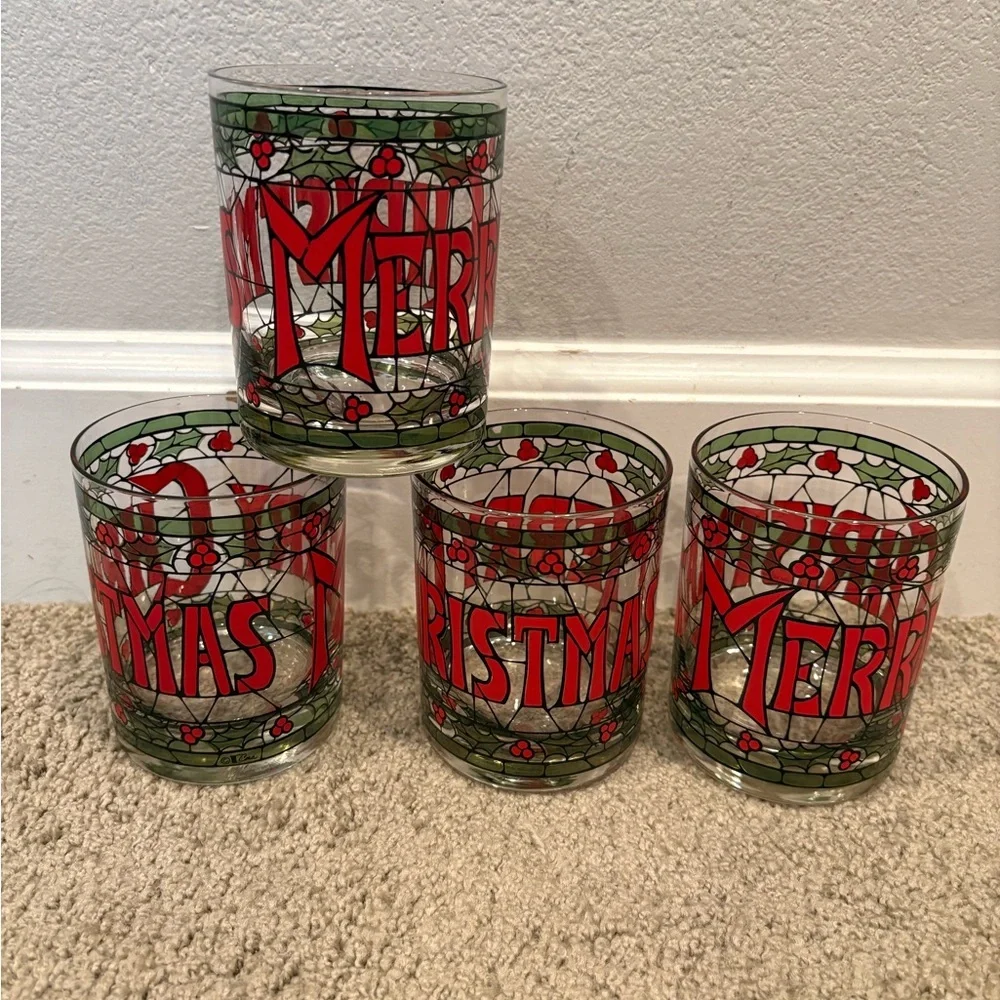 1970’s Cera Merry Christmas Holly Stained Glass Old Fashion Glasses Set of 4 EUC